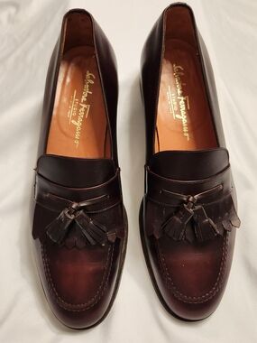 Salvatore Ferragamo Burgundy Leather Tassel Kiltie Slip-On Loafers Dress Shoe